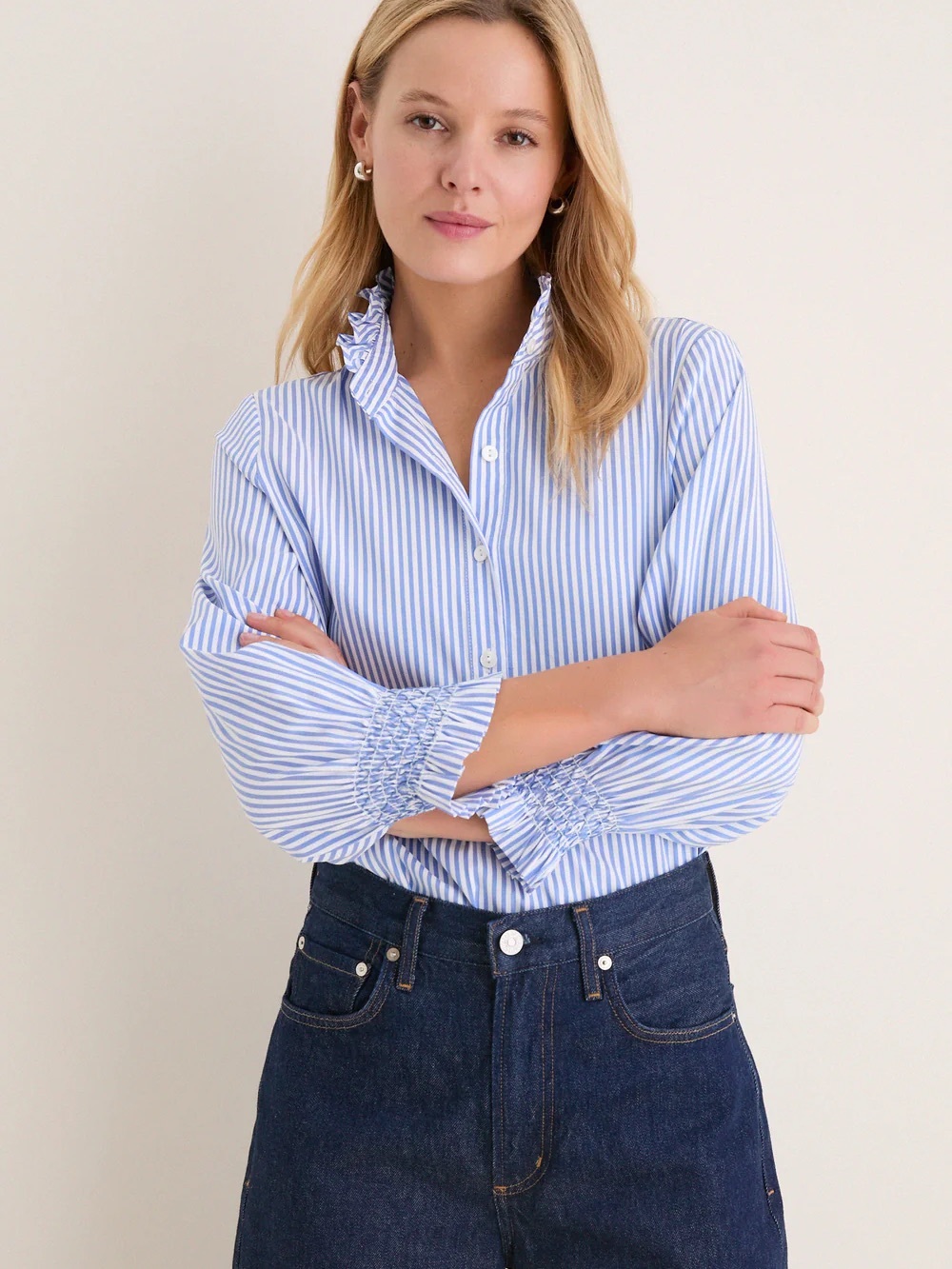 Avatar Ruffled Collar Blue & White Stripe Button-Down ShirtEUC